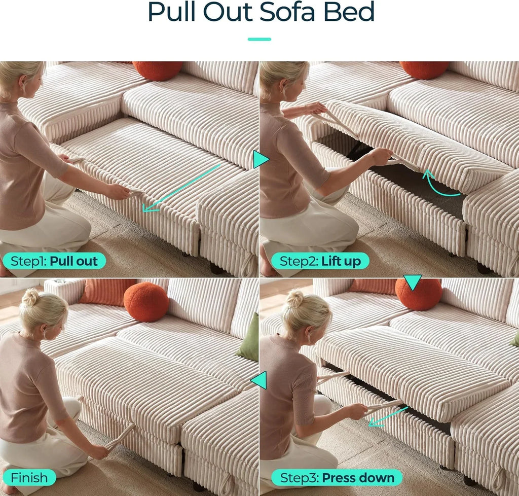 Linsy Home Storage Sectional Sleeper Sofa with Pull Out Bed, 9 Seat Modular Sectional Sofa with with USB & Cup Holder, Plush Corduroy Sectional Couches for Living Room, Green