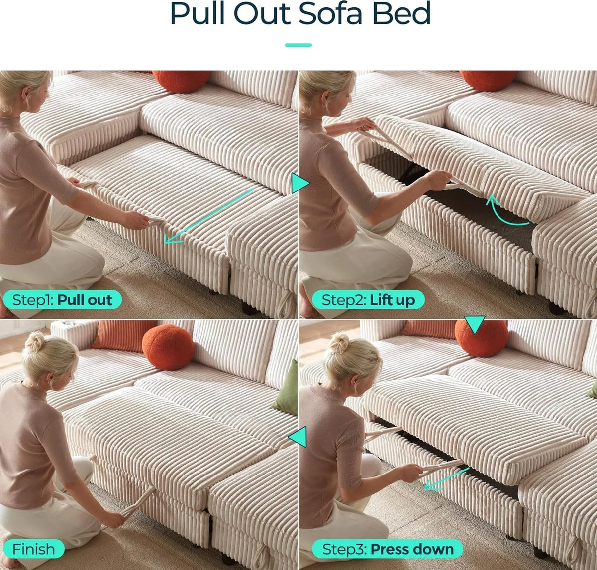 Linsy Home Storage Sectional Sleeper Sofa with Pull Out Bed, 9 Seat Modular Sectional Sofa with with USB & Cup Holder, Plush Corduroy Sectional Couches for Living Room, Green