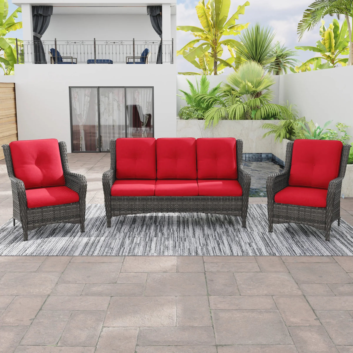 MeetLeisure 3 Pieces Outdoor Furniture Patio Furniture Set with One 3-Seat Sofa, Two ArmChairs, Navy