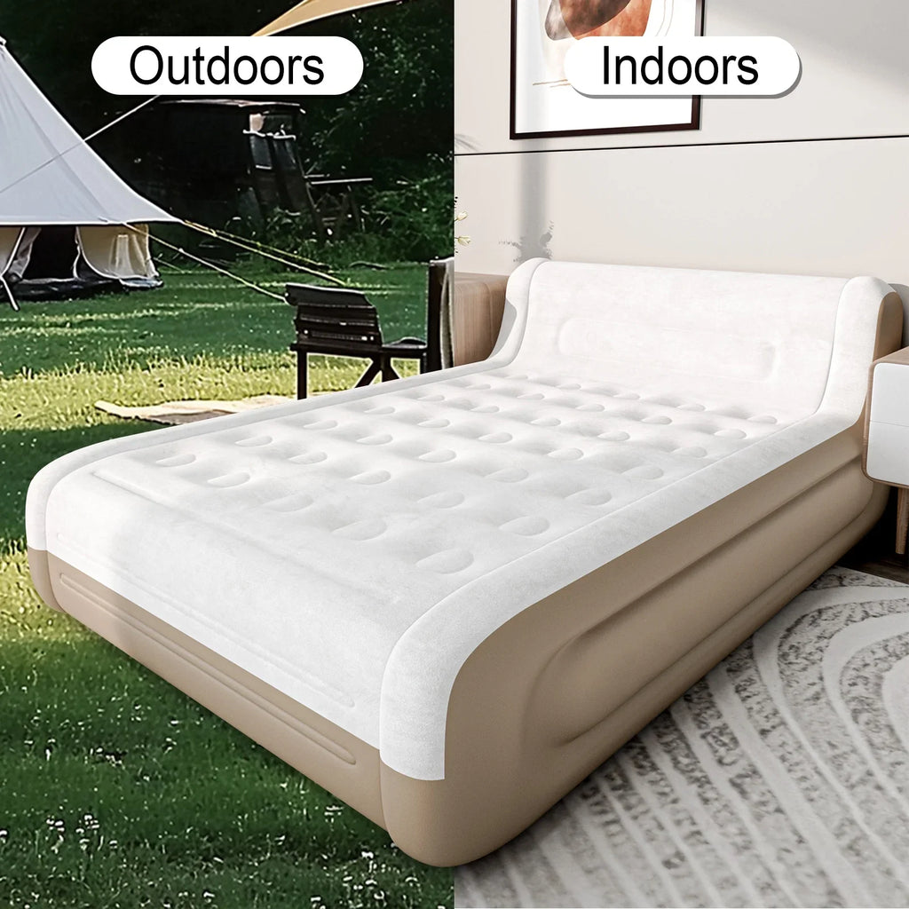 Luxury Queen Air Mattress with Headboard,18" Velvet Inflatable Mattress,Built-in USB-C Electric Pump,Premium Comfort for Home, Guests & Travel(Khaki)