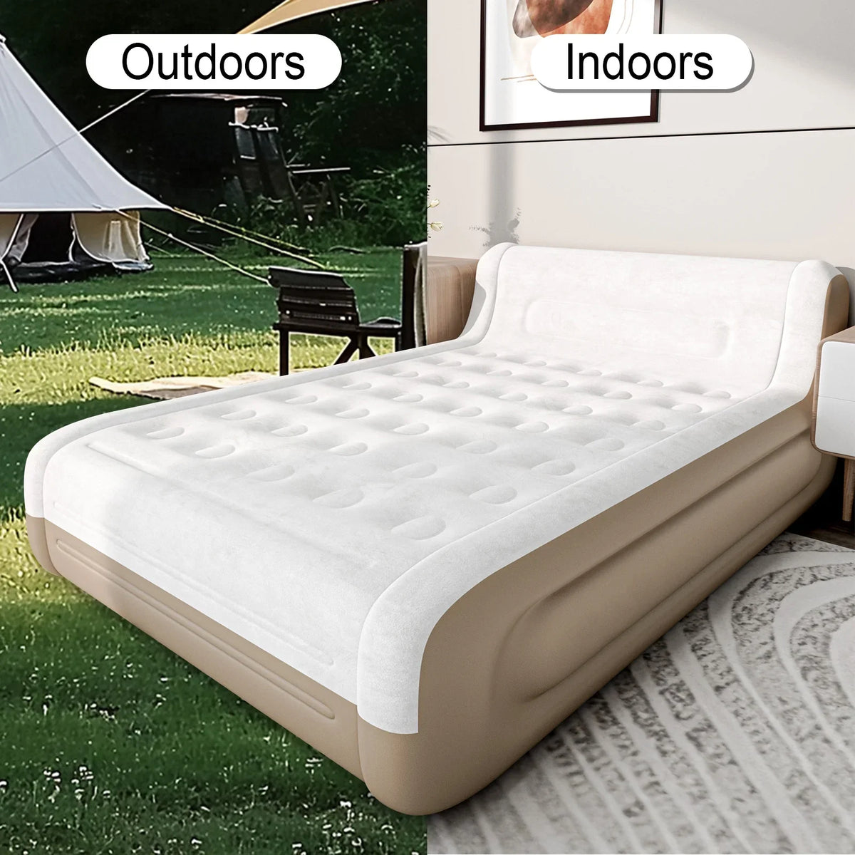 Luxury Queen Air Mattress with Headboard,18" Velvet Inflatable Mattress,Built-in USB-C Electric Pump,Premium Comfort for Home, Guests & Travel(Khaki)