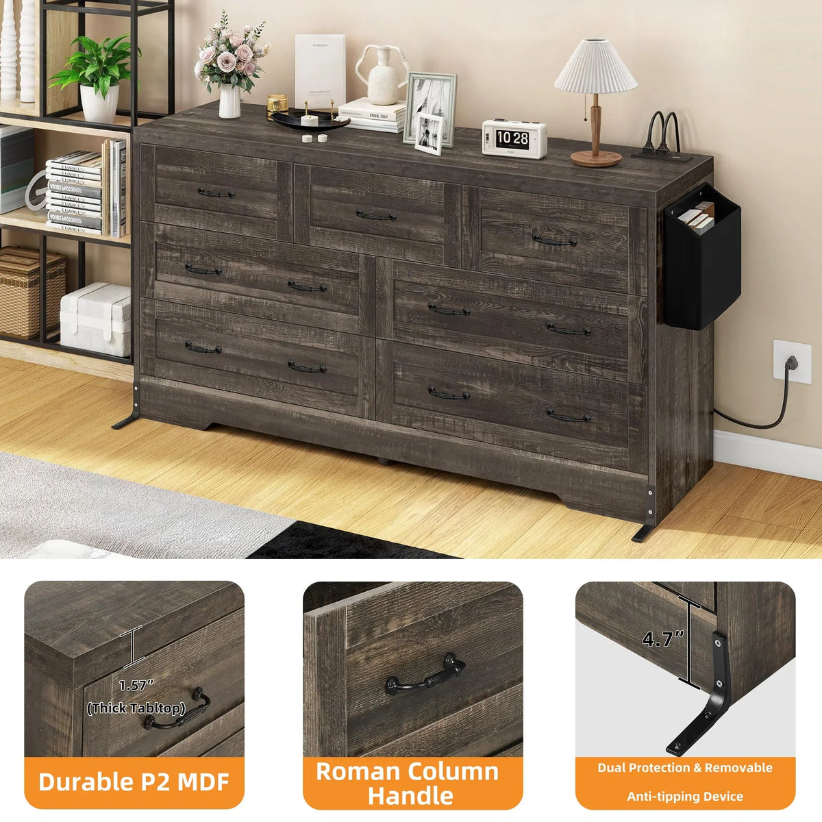 Craftian 7-Drawer Double Dresser Storage Cabinet with Power Outlets, Wood Chest of Drawers, Gray