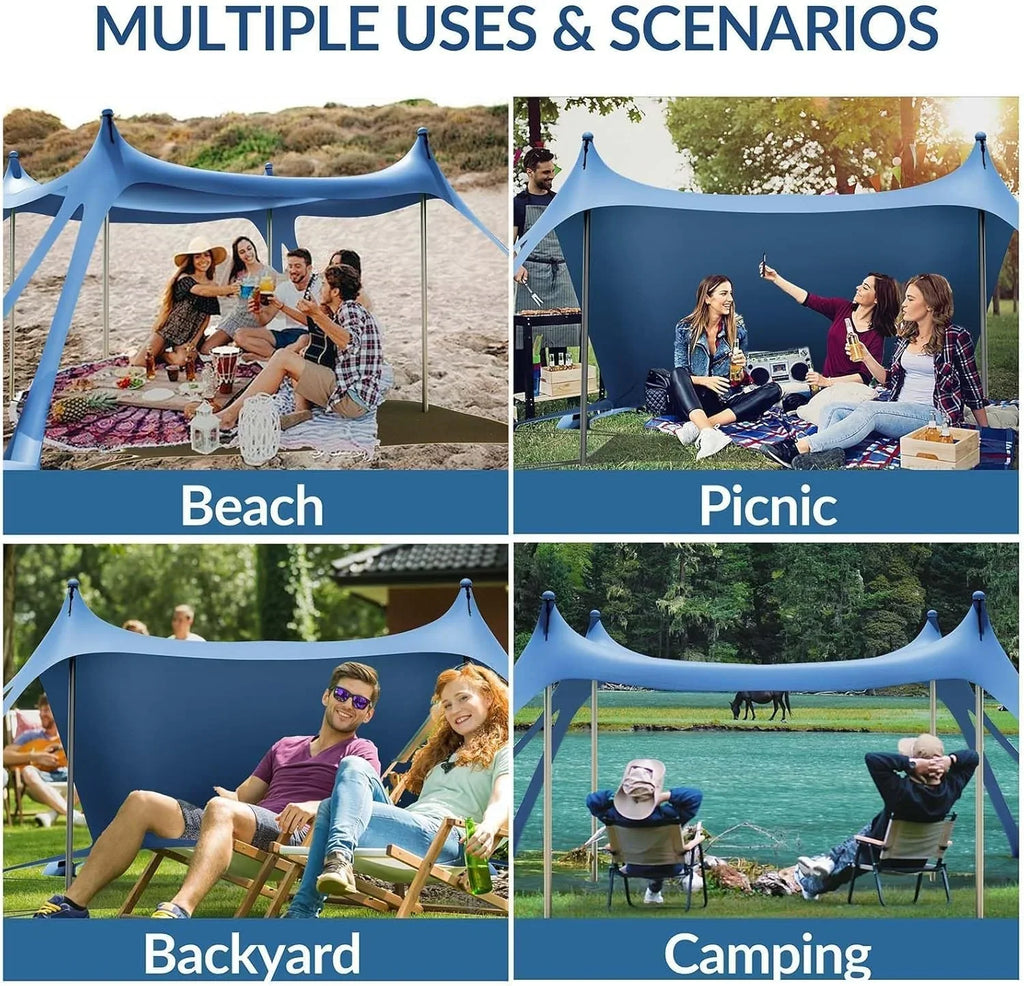 Beach Tent Canopy with 8 Sandbags 4 Aluminum Poles, Pop Up Portable Camping Sun Shelter, Easy Set Up with 2 Sand Shovel, Ground Pegs, Carrying Bag for Outdoor Beach,Picnic, Fishing