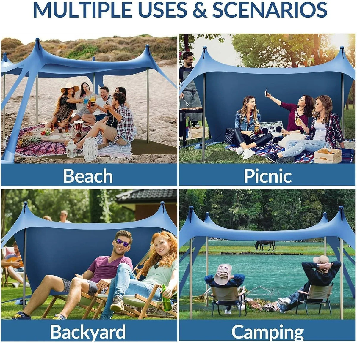 Beach Tent Canopy with 8 Sandbags 4 Aluminum Poles, Pop Up Portable Camping Sun Shelter, Easy Set Up with 2 Sand Shovel, Ground Pegs, Carrying Bag for Outdoor Beach,Picnic, Fishing