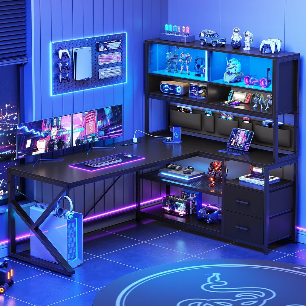 L Shaped Computer Desk with 2 Drawer and Bookshelf, L Shaped Gaming Desk with LED Light, Black