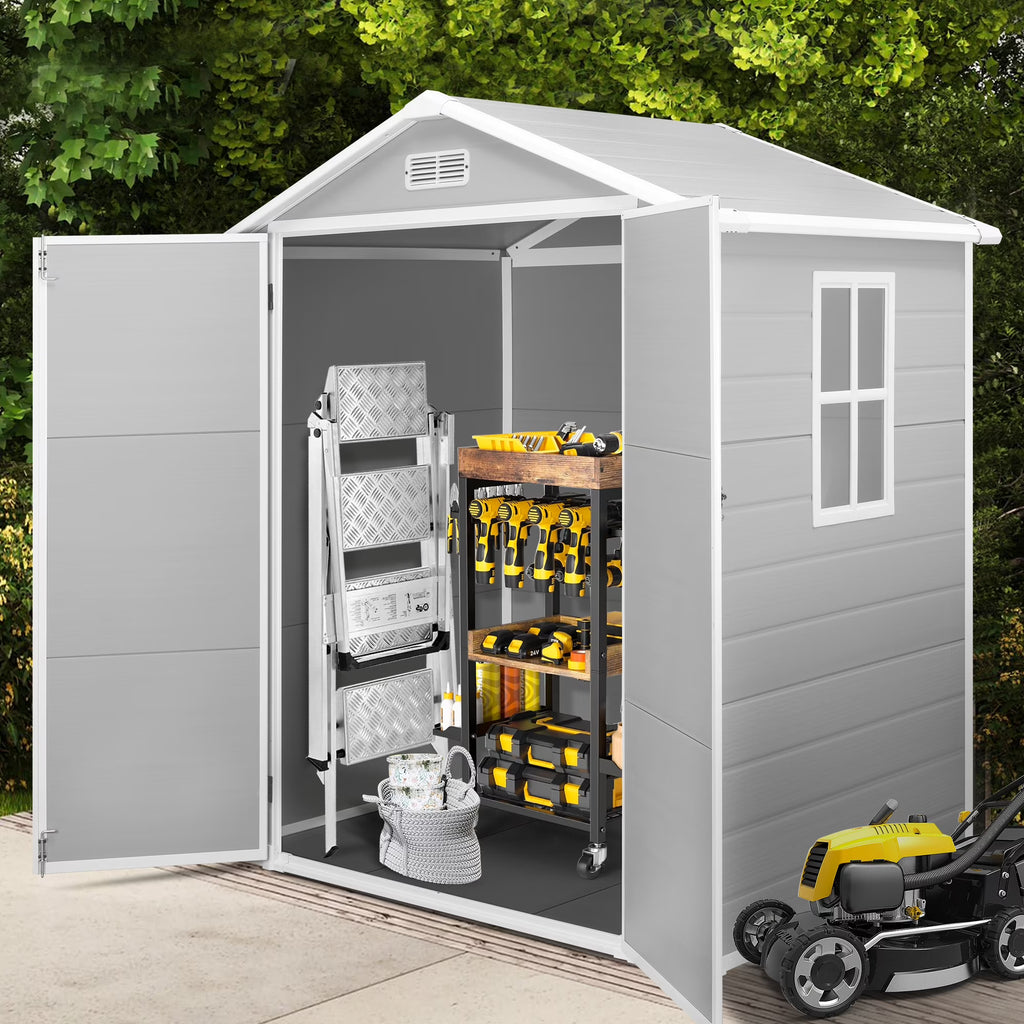 Syngar 6' x 4' Outdoor Plastic Storage Shed, Tools Storage Shed, All Weather Garden Shed with Lockable Doors, Reinforced Floor and Pitched Roof, Outdoor Storage Shed for Backyard, Patio, Lawn