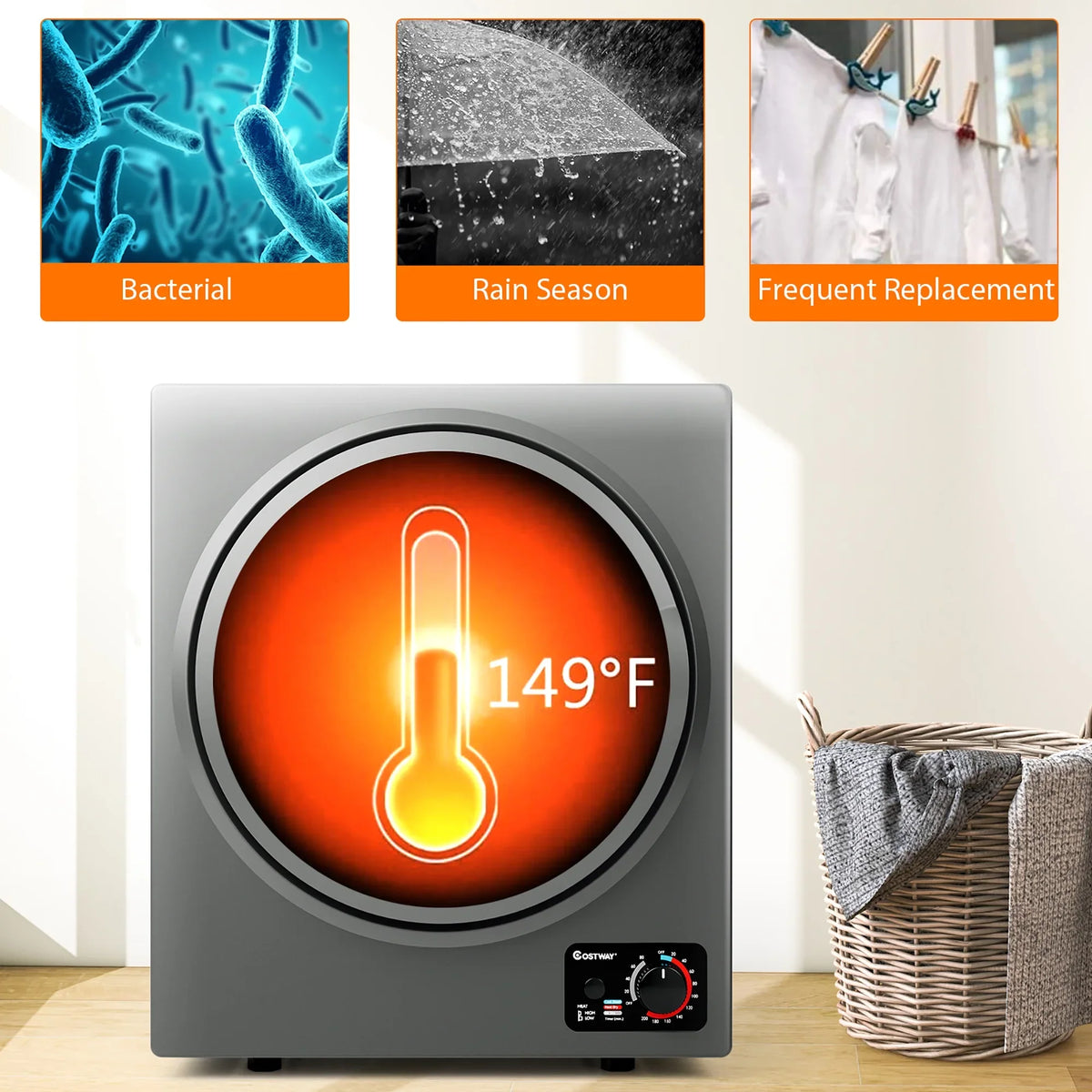 Costway Electric Tumble Compact Laundry Dryer Stainless Steel Wall Mounted 1.5 cu.ft.
