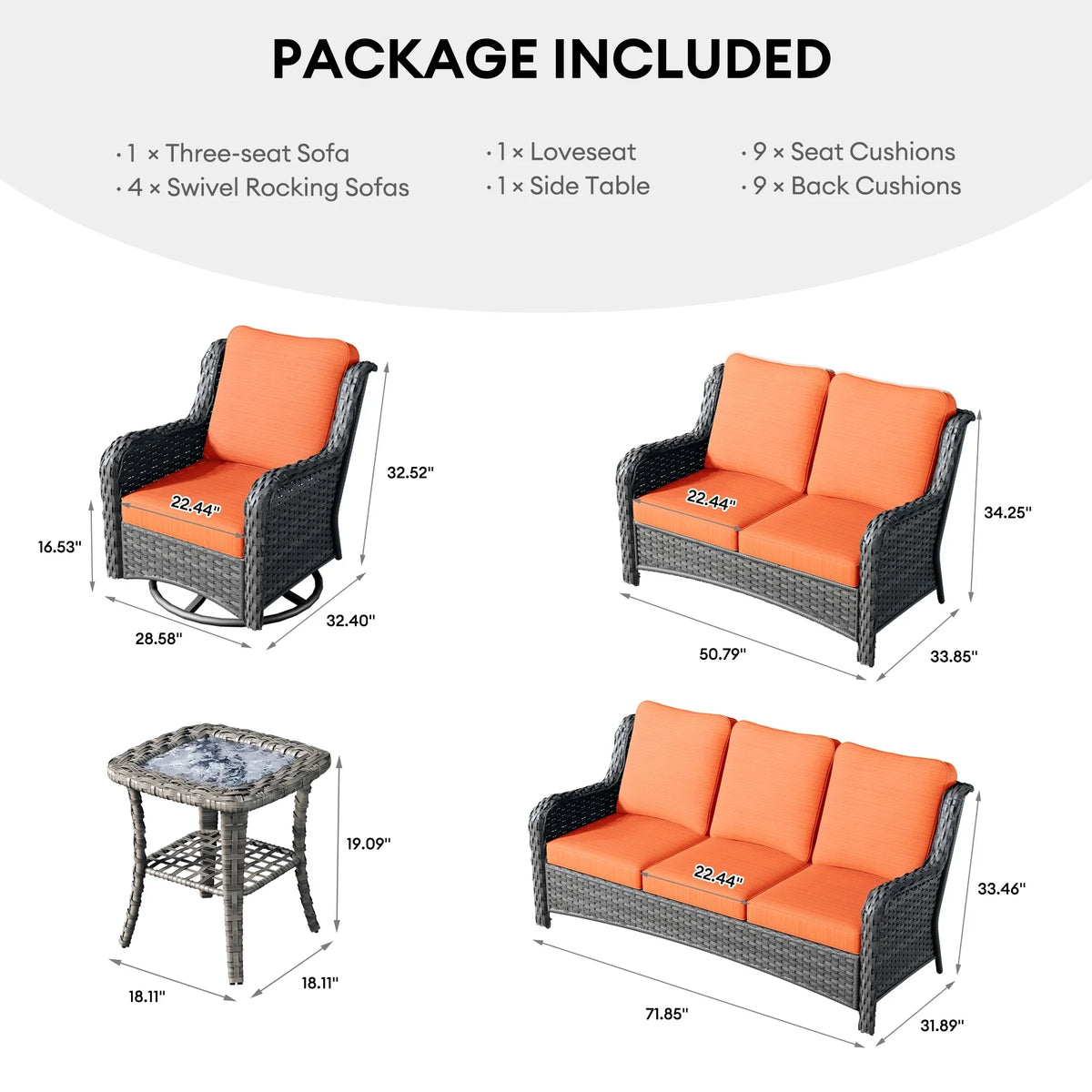 Ovios 8-Piece Wicker Outdoor Sectional Patio Set with Swivel Chairs and Loveseat, Gray