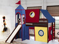 JACKPOT! Castle Low Loft Bed with Slide, Red Yellow and Blue Tent and Tower, Twin, Cherry