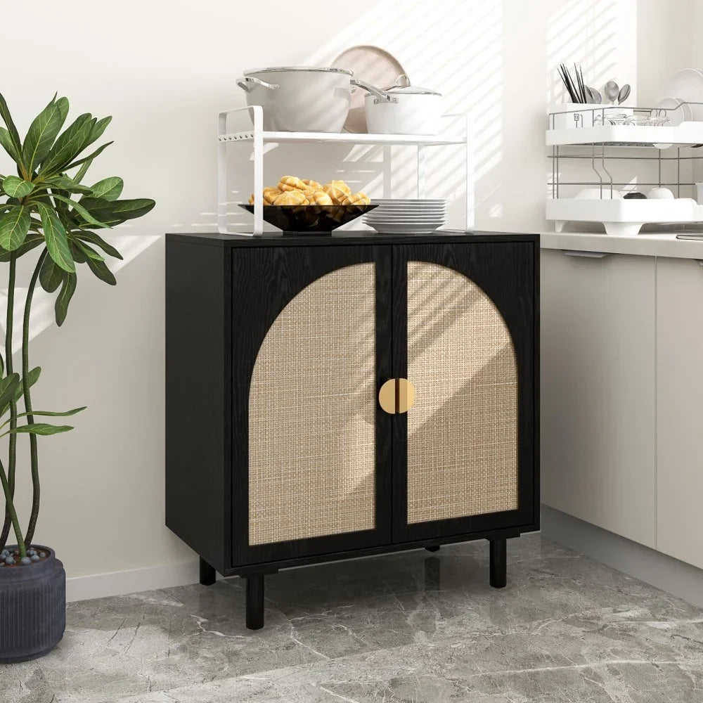 Tcbosik Rattan Storage Cabinet, Boho Sideboard Buffet Cabinet, Accent Cabinet with 2 Doors and Adjustable Shelves, Living Room, Kitchen, Dining Room, Hallyway, Black