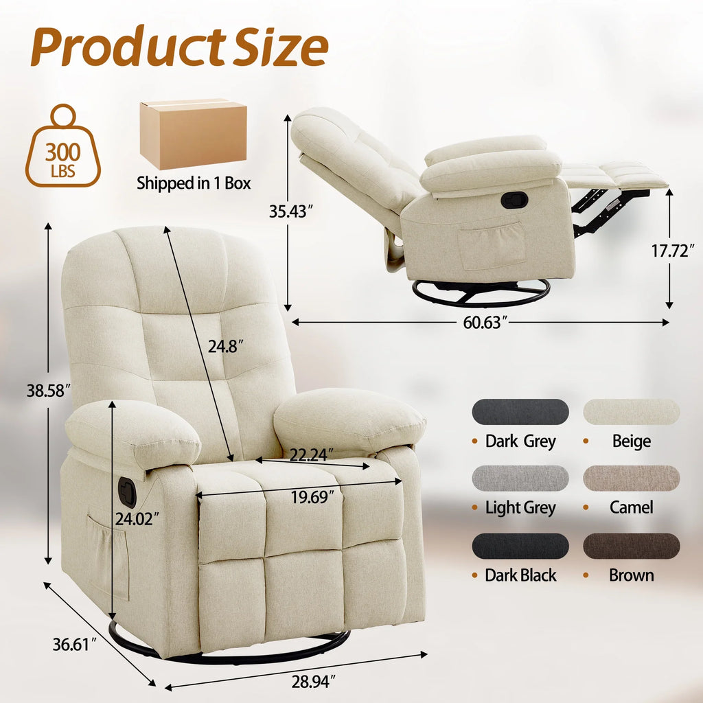 Korser Manual Swivel Rocker Recliner Chair for Living Room,Small Recliner Sofa for Small Spaces,Linen Fabric,Dark Black