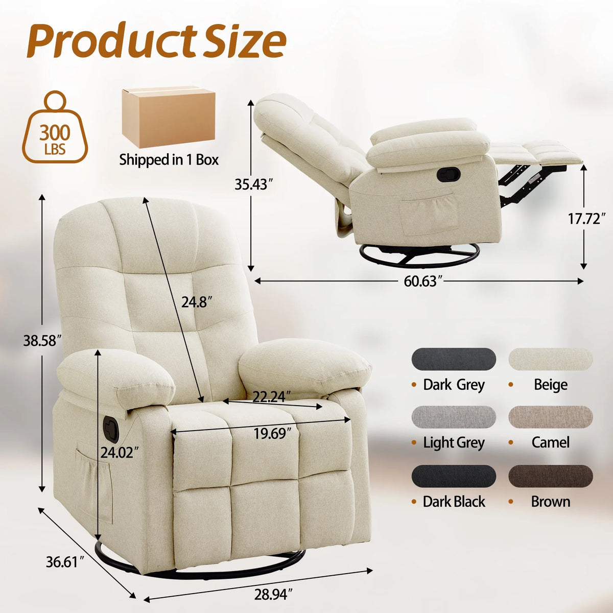Korser Manual Swivel Rocker Recliner Chair for Living Room,Small Recliner Sofa for Small Spaces,Linen Fabric,Dark Black