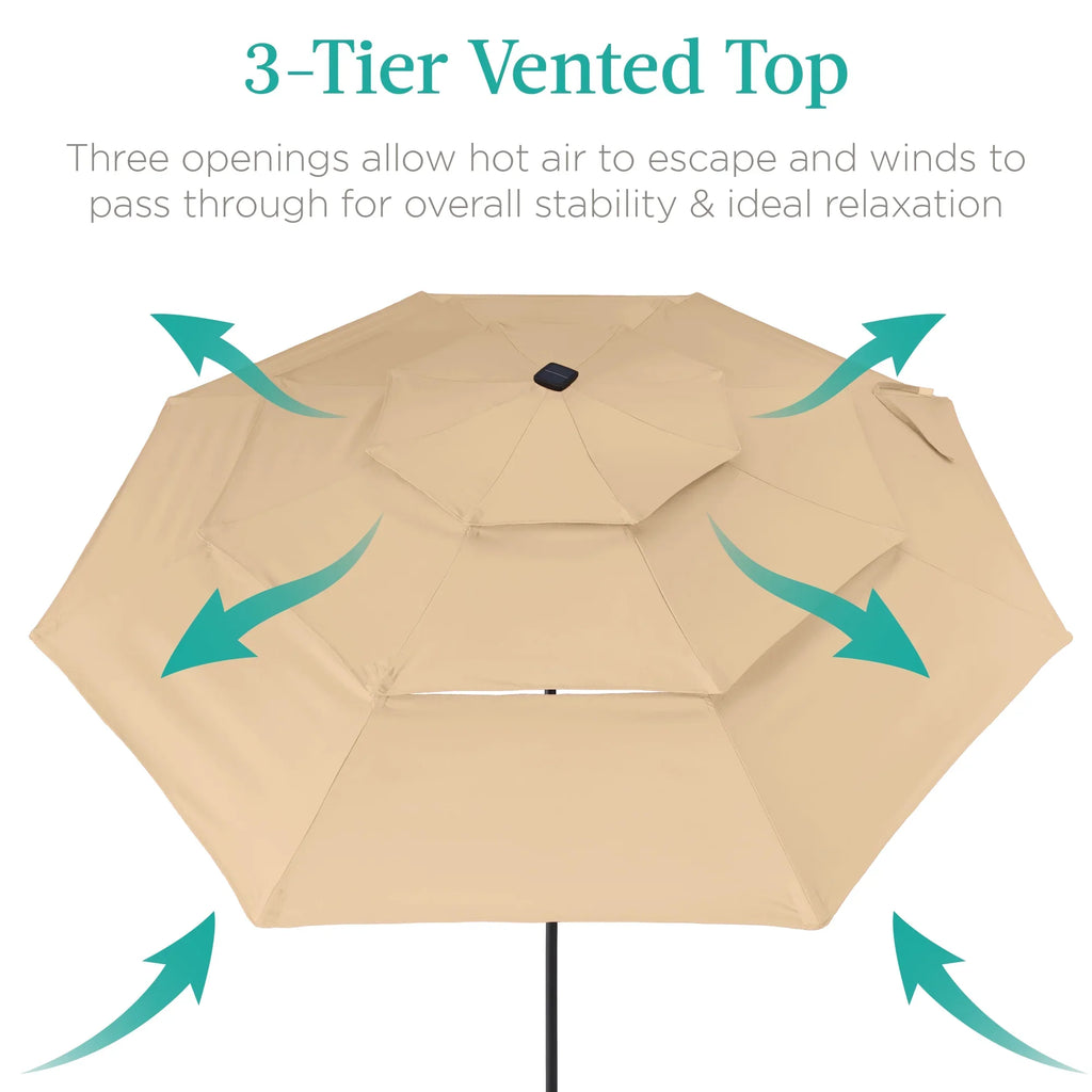 Best Choice Products 10ft 3-Tier Solar Patio Umbrella w/ 24 LED Lights, Tilt Adjustment, Easy Crank - Tan