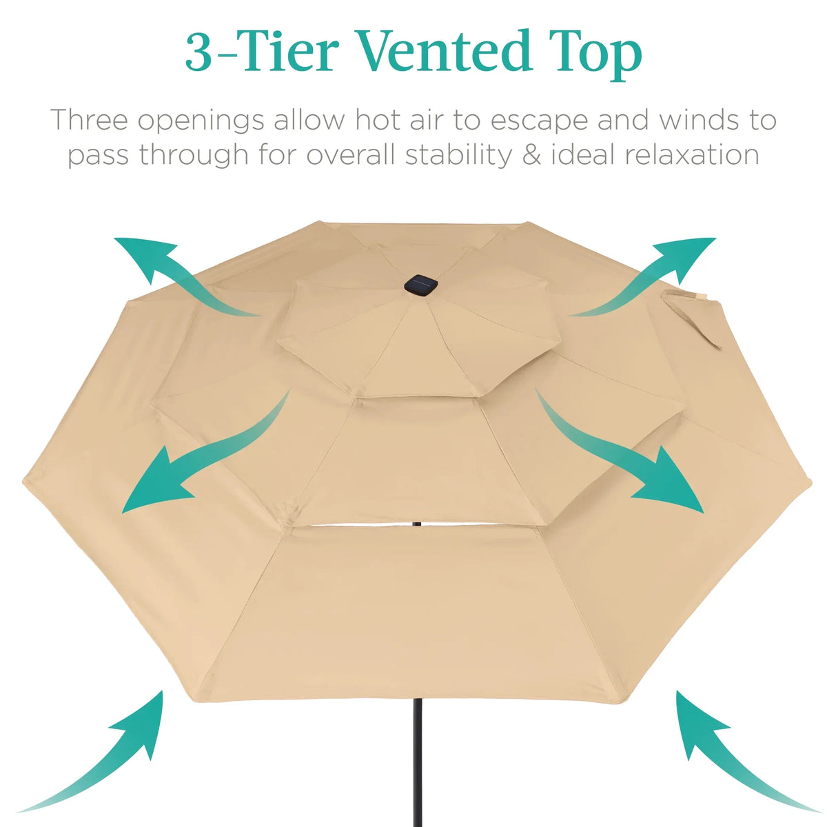 Best Choice Products 10ft 3-Tier Solar Patio Umbrella w/ 24 LED Lights, Tilt Adjustment, Easy Crank - Tan
