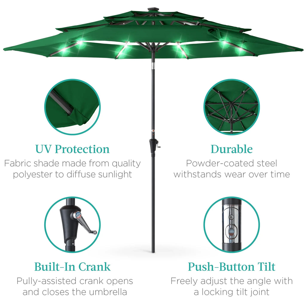 Best Choice Products 10ft 3-Tier Solar Patio Umbrella w/ 24 LED Lights, Tilt Adjustment, Easy Crank - Tan