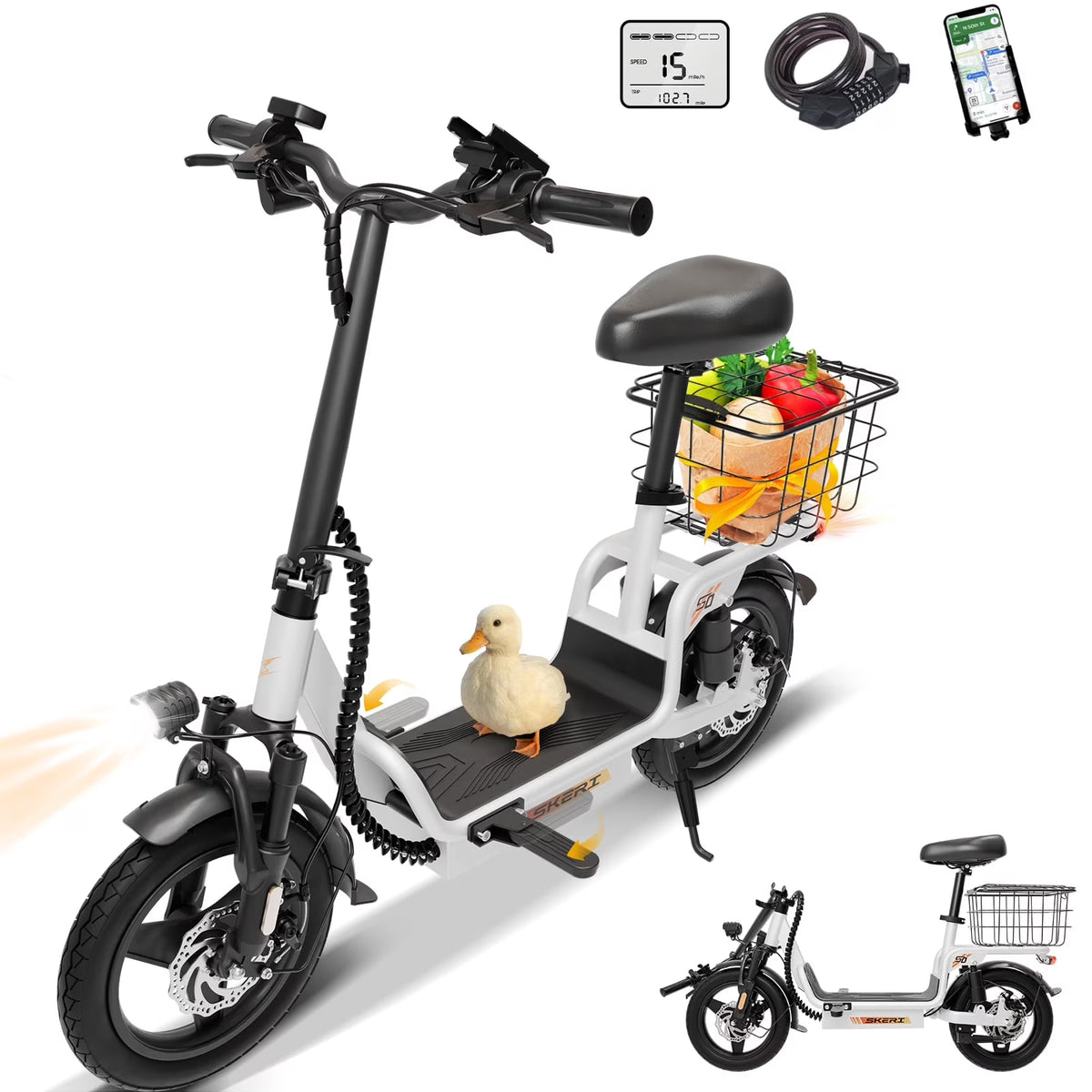 Skeri Electric Scooter with Seat for Adult and Basket, 14 Inch Tire Electric Scooter with Dual Shock Absorbers, 350W Motor with 25-Mile Range, Speed Up to 20 MPH (Gen 2.0)