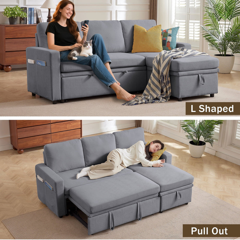Pingliang Home Pull Out Sleeper Sofa Bed Sectional Sofa with Storage Chaise,L Shaped Sectionals Couches with Side Pockets,Modern Linen Reversible Sofa Couch for Living Room Apartment Office Studio