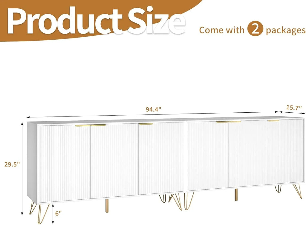 Fluted TV Stand for 100 Inch TV, Modern TV Stand Console, White Entertainment Center with Storage Cabinets, Adjustable Shelves & Gold Handles, Wood Media Cabinet for Living Room