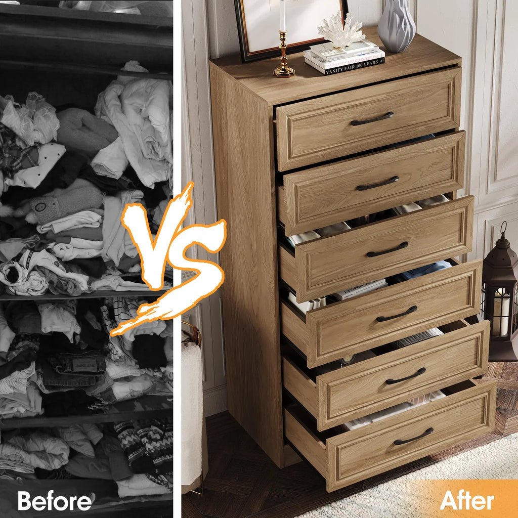 Vabches Farmhouse 5 Drawer Dresser with Metal Handle, Tall Wood Chest of Drawers for Living Room Bedroom,Dark Brown
