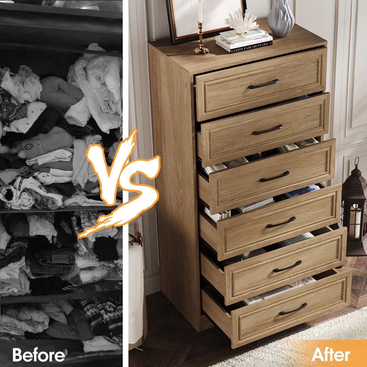 Vabches Farmhouse 5 Drawer Dresser with Metal Handle, Tall Wood Chest of Drawers for Living Room Bedroom,Dark Brown