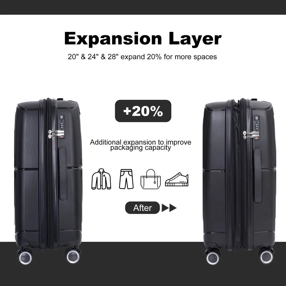 3 Pieces Luggage Set (20/24/28), Expandable PP Lightweight Hardshell Durable Suitcase with 4 Double 360 Degrees Mute Spinner Wheels and TSA Lock for Men Women, Black