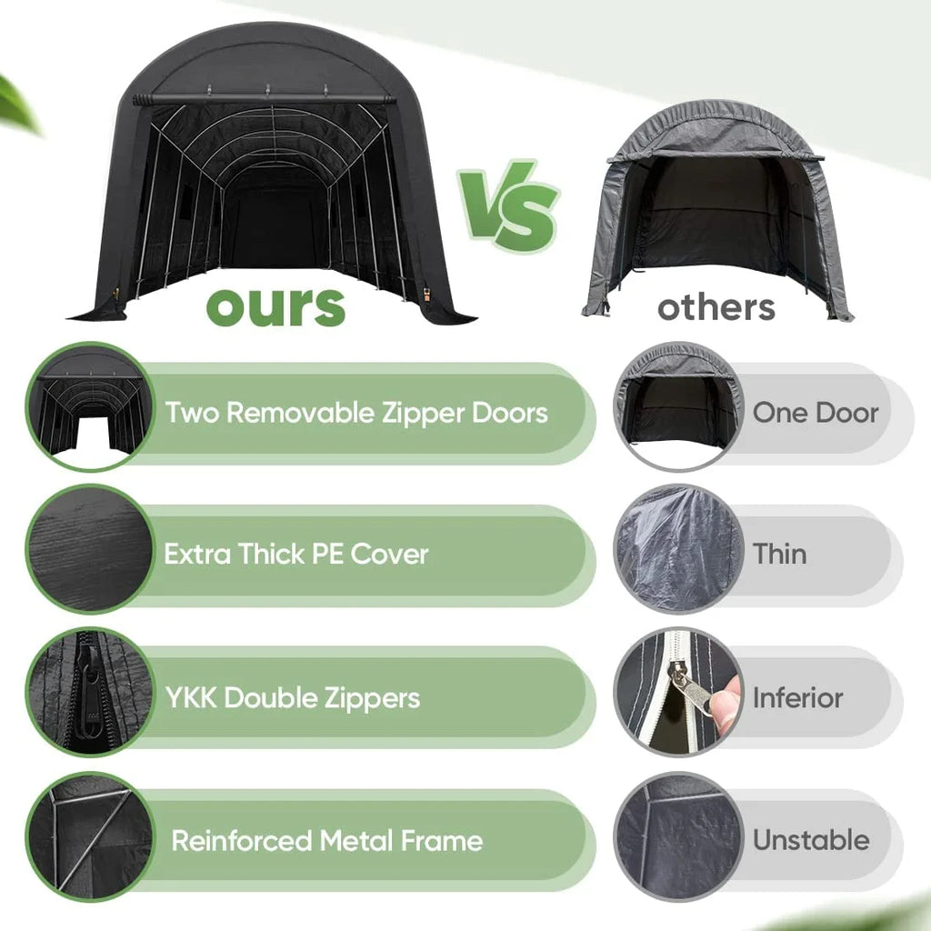 ADVANCE OUTDOOR 10x15 ft Shelter Storage Shed Steel Metal Round Roof Anti-Snow Portable Garage Carport for Motorcycle, Boat, or Garden Tools with 2 Roll up Doors & Vents, Gray