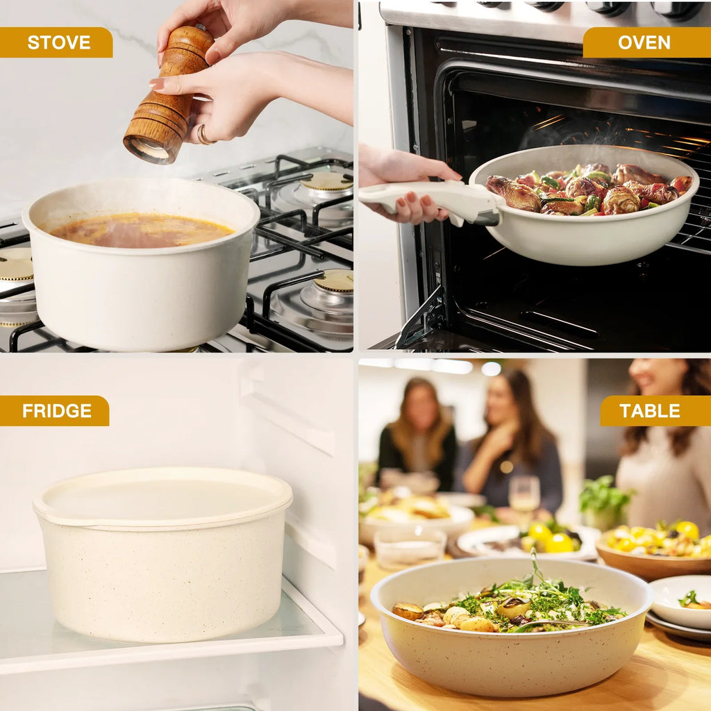 Astercook 22 Piece Ceramic Pots and Pans Set Non Stick, Cookware Set with Detachable Handles, Oven Safe, Induction Ready, Stackable RV Kitchen Cooking Set, Cream White