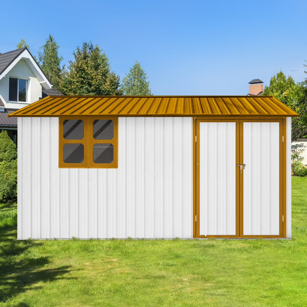 10x12 FT Outdoor Storage Shed, Metal Garden Tool Shed with Vents, Window and Bulit-in Hooks, Waterproof Organization for Home/Backyard/Garden Tools/Lawn Storage, Yellow+White