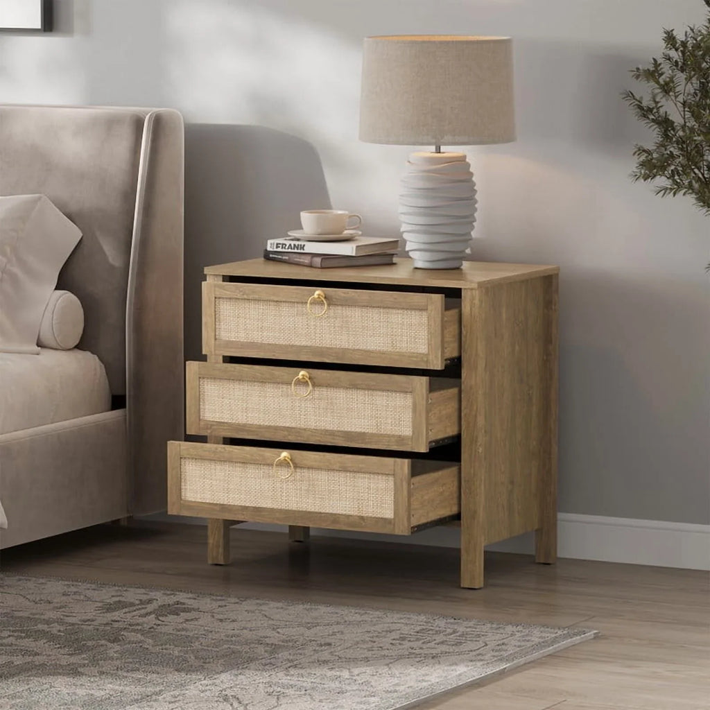Surmoby Oak Boho 3-Drawer Nightstand Set of 2 - Extra Wide Storage Night Stand with Gold Handles Large&Tall Bed Side Table for Bedroom Living Room Enterway