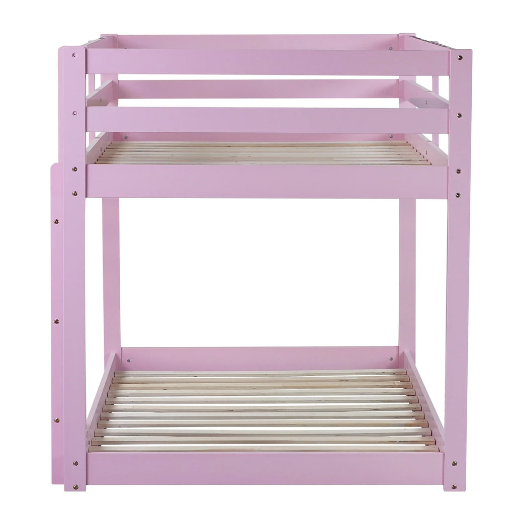 Twin Over Twin Floor Bunk Bed, UHOMEPRO Solid Wood Low Bunk Bed with Safety Rail, Ladder, Heavy Duty Bunk Beds, Space-Saving Bedroom Dorm Furniture, Gray