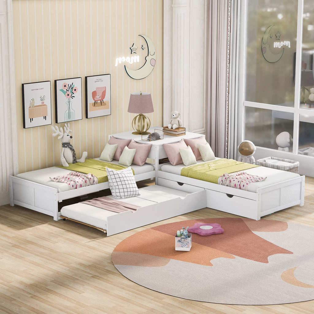 Euroco Wood Twin Size L-Shaped Platform Bed with Square Storage Table for Kids Teens, 2 Platform Beds with Trundle and Drawers for Living Room, 3 Twin Beds, Gray