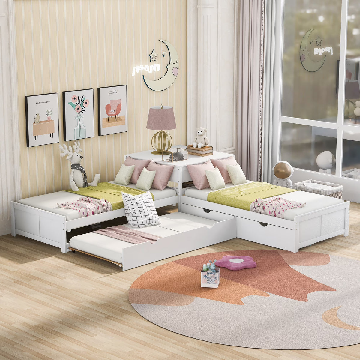Euroco Wood Twin Size L-Shaped Platform Bed with Square Storage Table for Kids Teens, 2 Platform Beds with Trundle and Drawers for Living Room, 3 Twin Beds, Gray