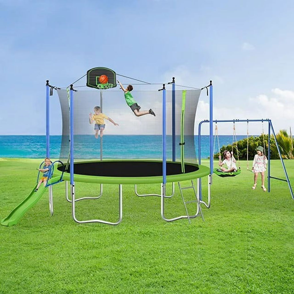SOGES 12ft Trampolines with Slide and Swing, Basketball Hoop, 4�C7 Kids