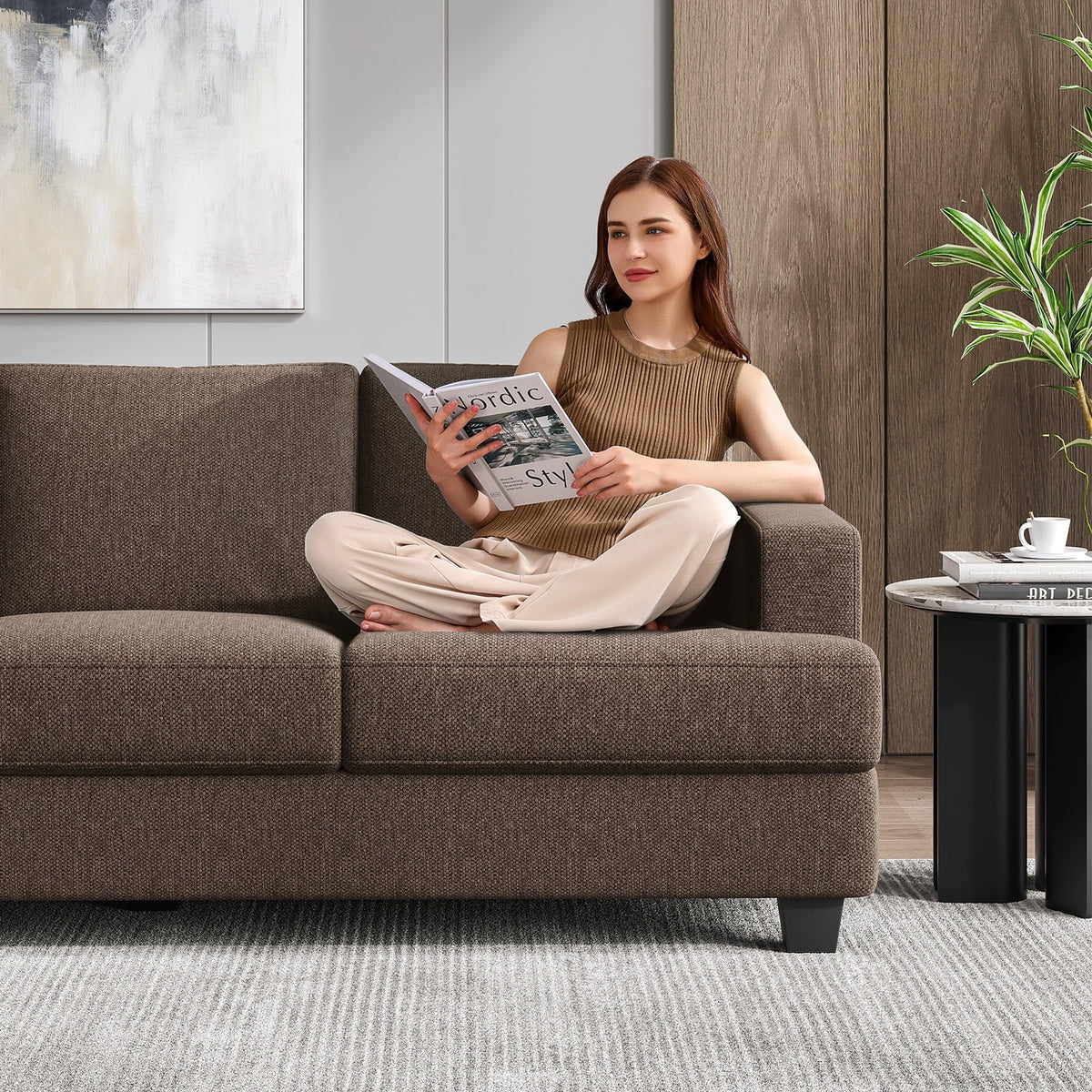BLAZANT 3 Seater Sofa Oversize, 89" Extra Large Size Sofa Couch with Extra Deep Seats, Modern Loveseat Sofa, Comfortable Fabric, Easy to Install, for Living Room Apartment Lounge, Brown