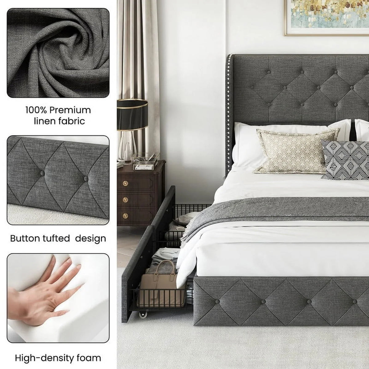 LARMACE Queen Size Platform Bed Frame with 4 Storage Drawers and Tufted Headboard Linen Upholstered Bed Wingback Bed Frame with Wooden Slats Support, Easy Assembly, Light Grey