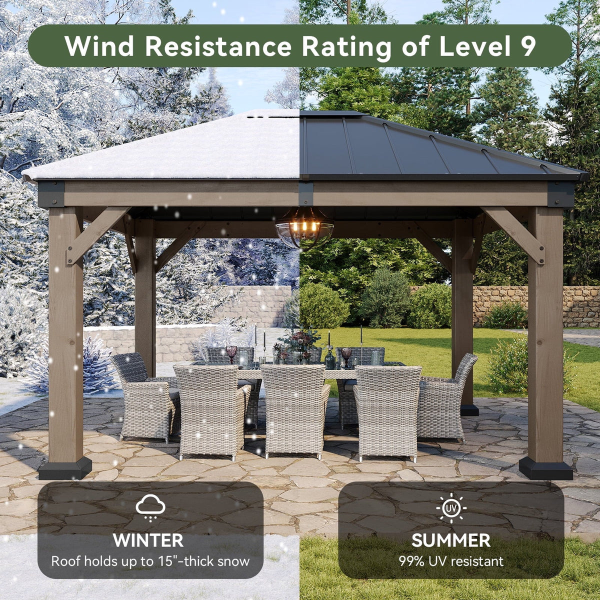 Aoxun 12' x 16' Outdoor Wood Gazebo, Hardtop Gazebo Permanent Wooden Pavilion with Galvanized Steel Double Roof, for Patio, Garden, Backyard, Cedar Wood