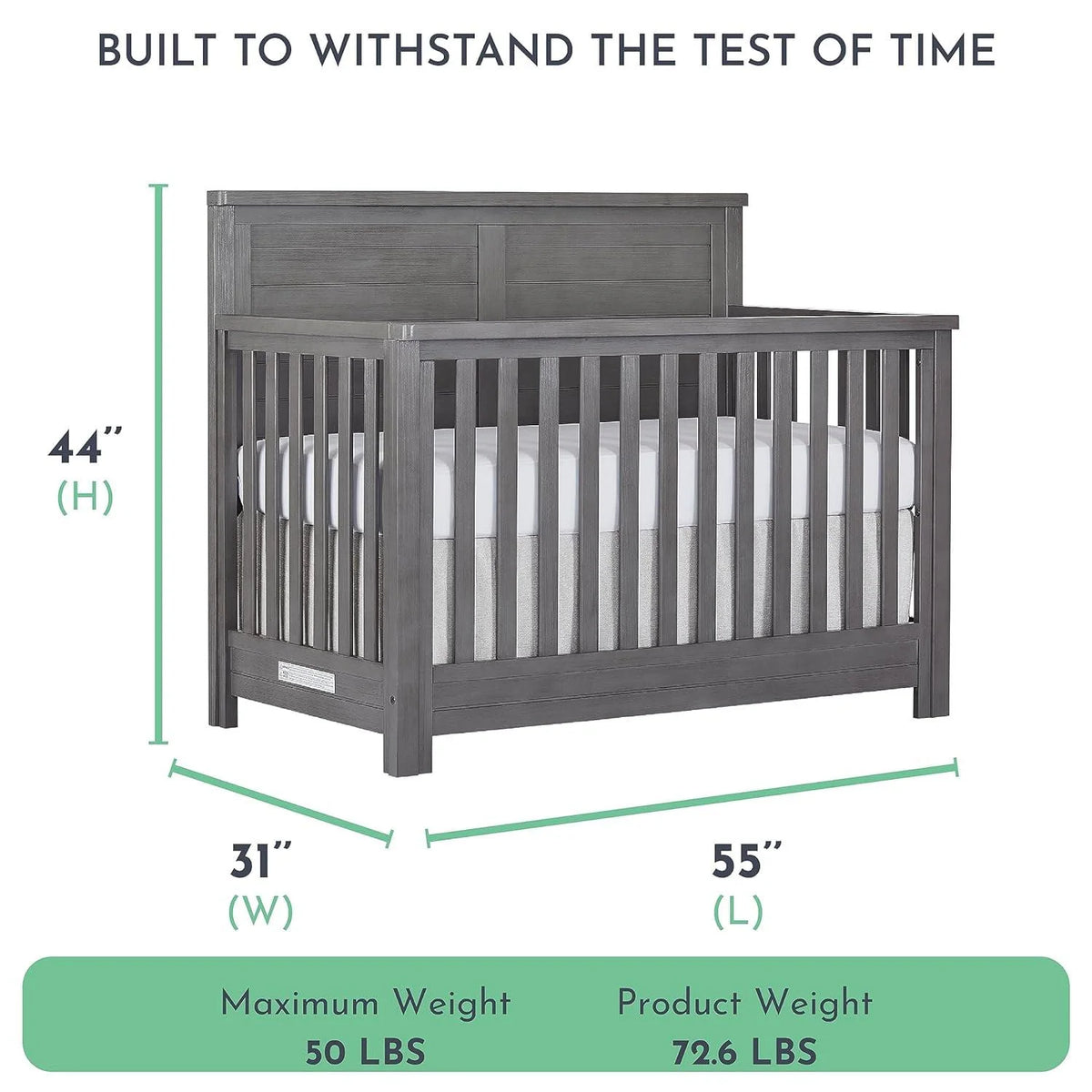 Evolur Belmar Flat 5-in-1 Convertible Crib. Rustic Grey