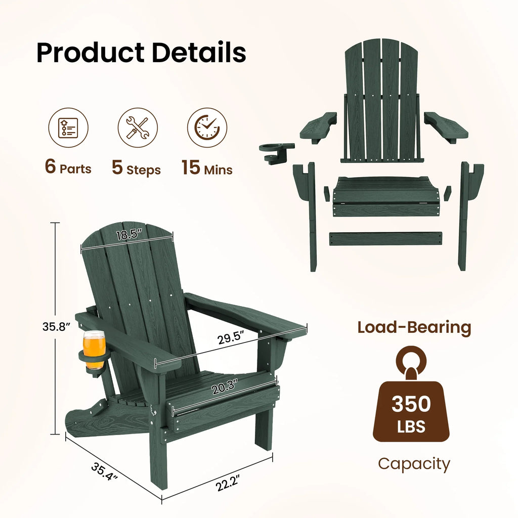 SERWALL Outdoor Adjustable Folding HDPE Adirondack Chairs Set of 2 with Cup Holder, Gray