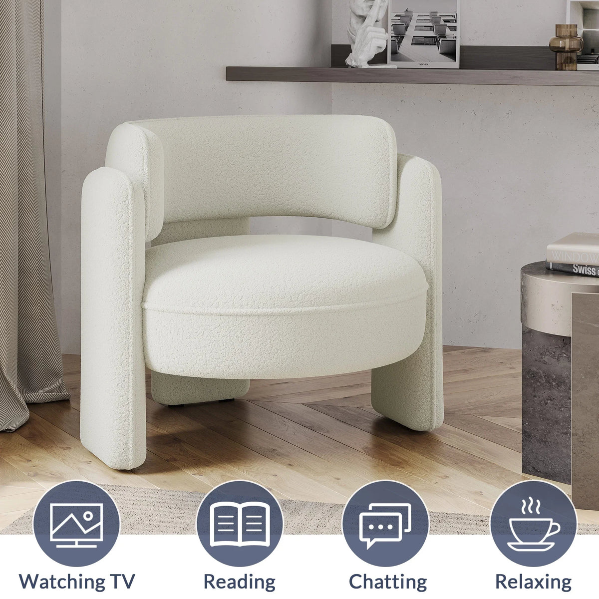 BELLEZE Sherpa Boucle Chair, Modern Barrel Accent Chair Comfy Round Upholstered Armchair Accent Side Chair for Living Room, Bedrooms, Corner - Quinton"White"