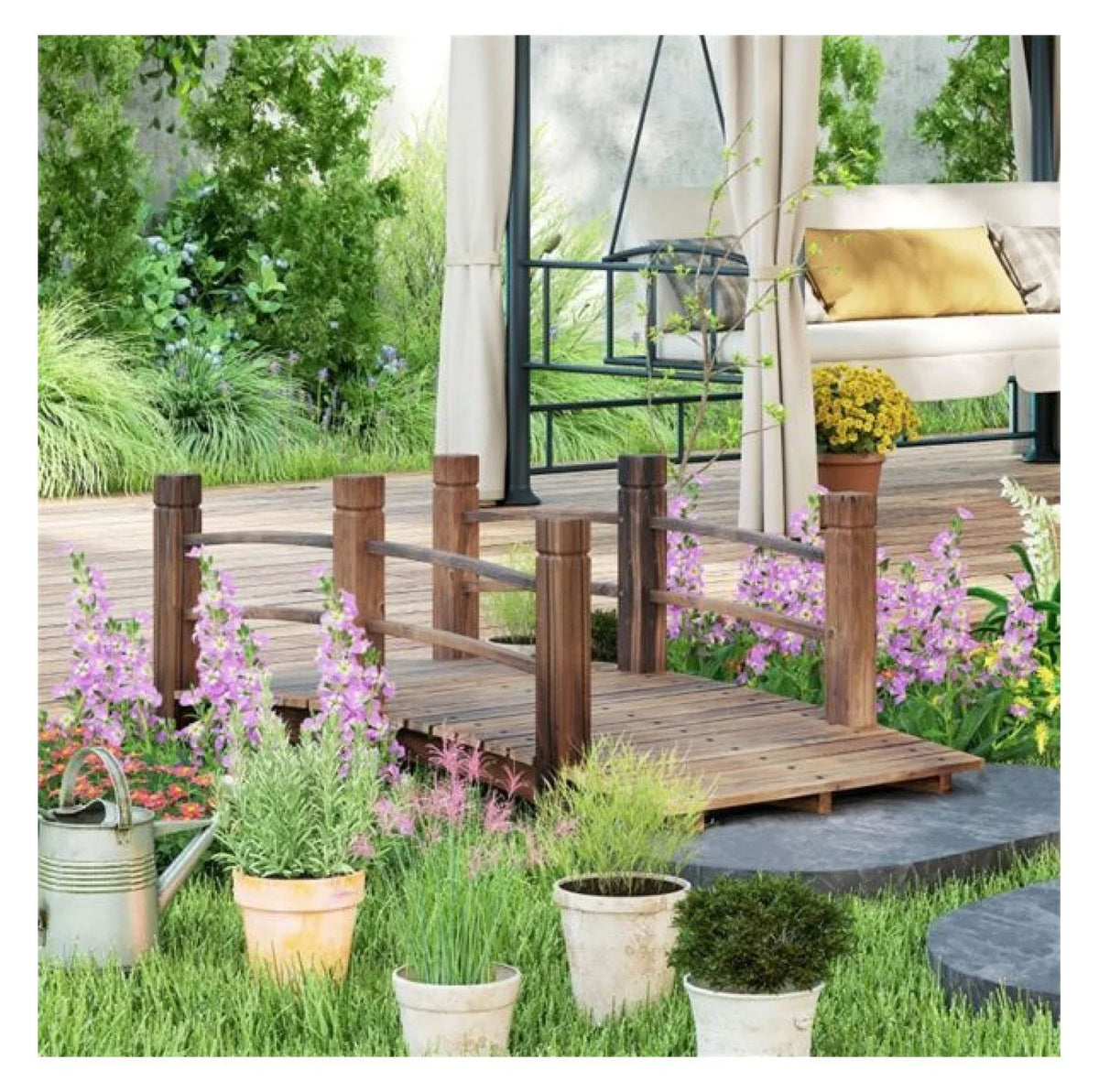 Wooden Garden Bridge Arc Footbridge 5ft - Stained Fir Wood Outdoor Decorative Bridge - Landscape Pathway Bridge with Rails - Garden Pond Bridge