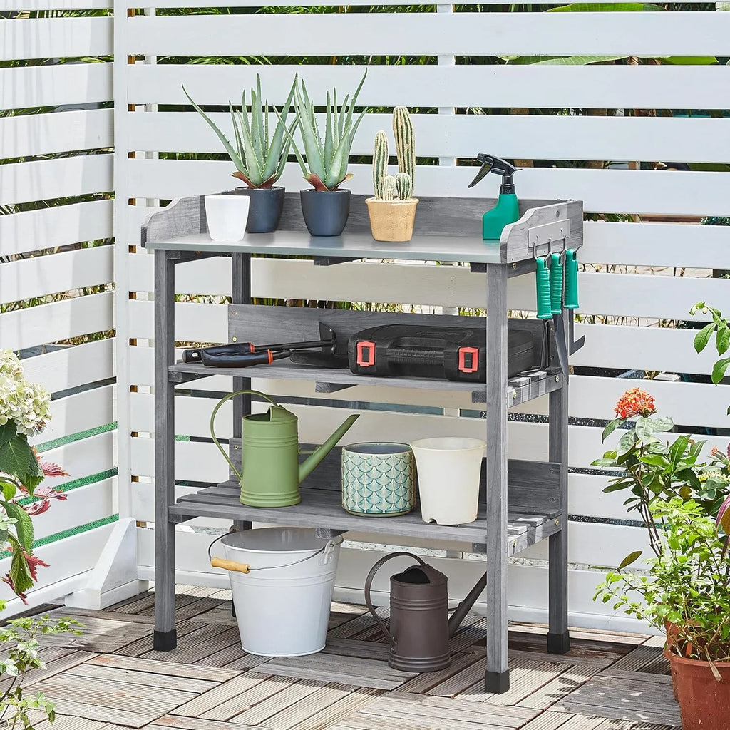 Garden Potting Table Horticulture Potting Bench w/Storage Shelf W/Metal Tabletop w/Hook 3 Shelves Workstation Work Benches Station, Gray