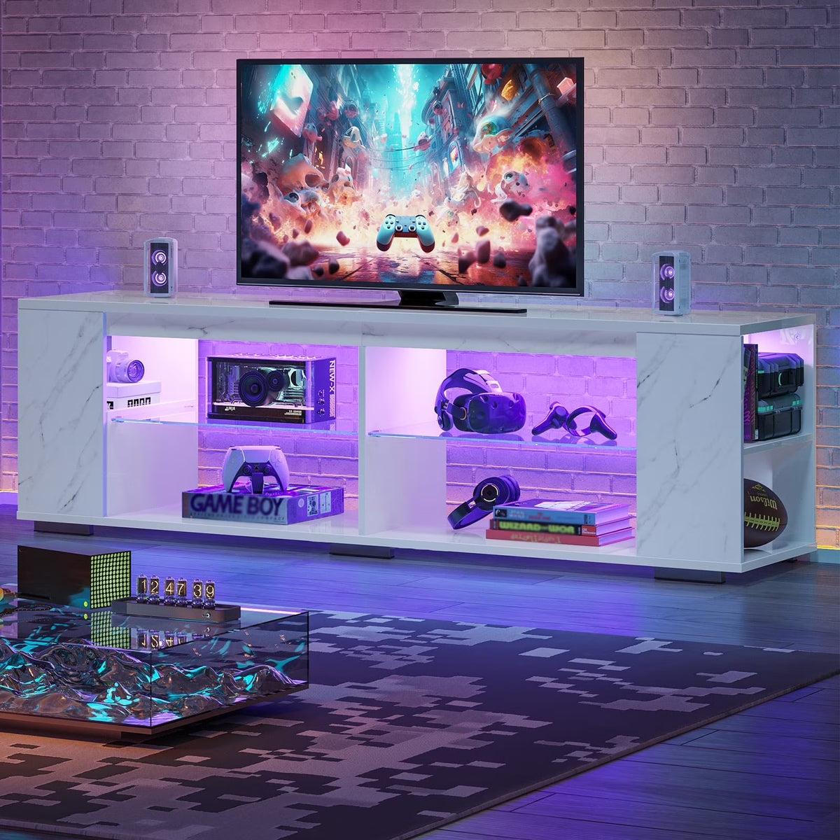 Pinmoco 47'' TV Stand for TVs up to 55", Gaming Entertainment Center with LED Lights, Black