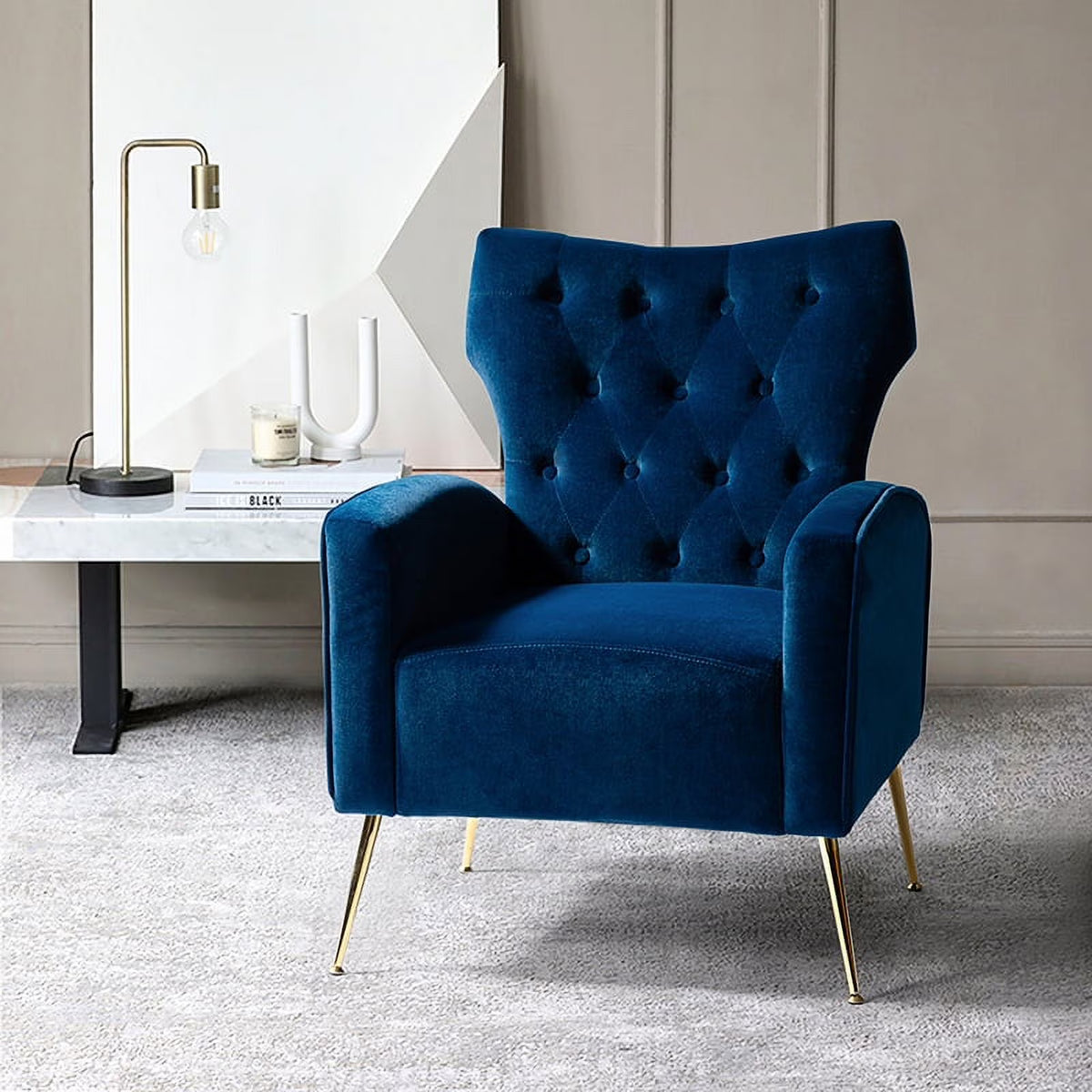 Modern Velvet Accent Chair Upholstered Sofa Armchair Button Tufted Metal Legs Adult Bedroom Home Living Room Grey
