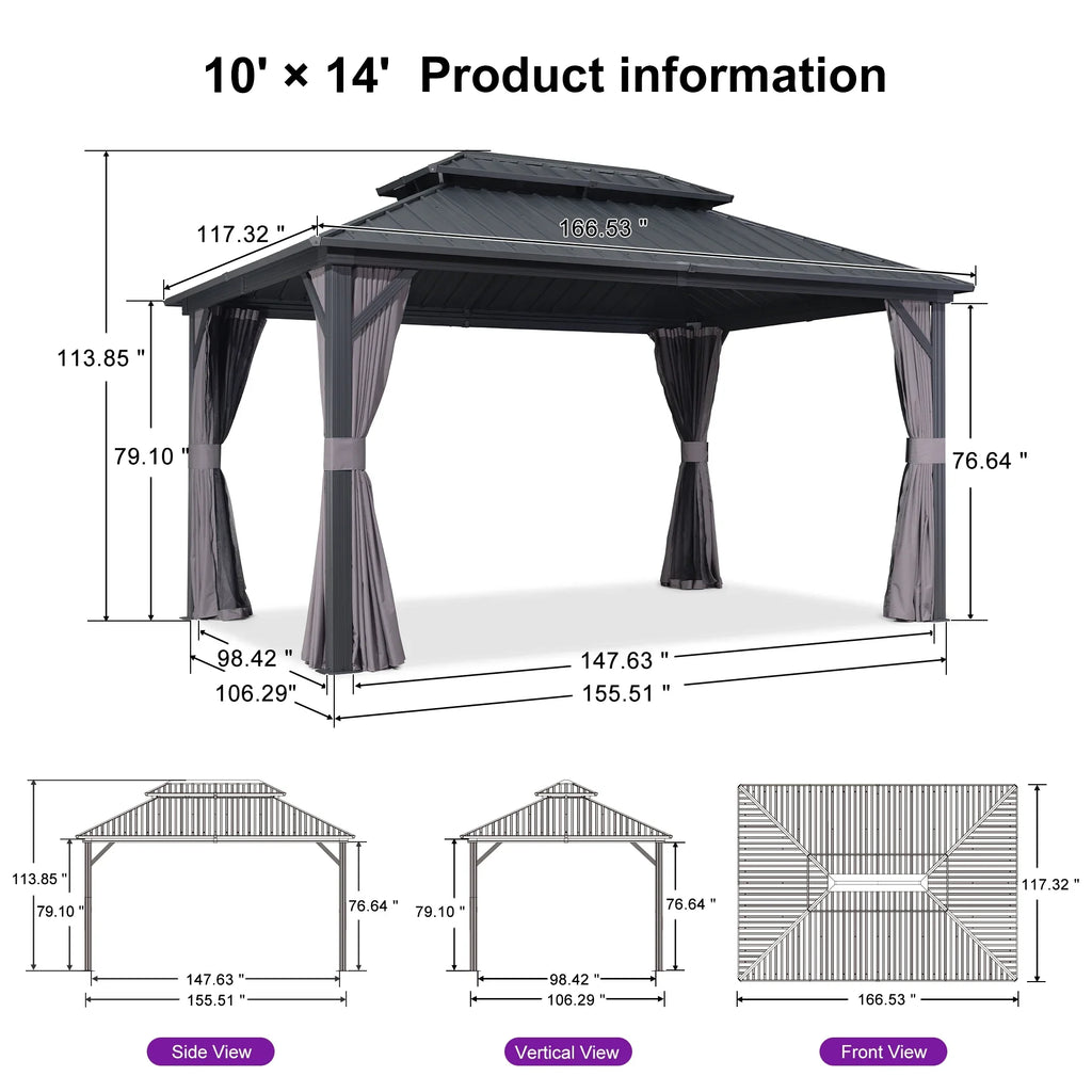 PURPLE LEAF 8' X 8' Gazebo Outdoor Gazebo Permanent Hardtop Gazebo with Galvanized Steel Double Roof for Patio Backyard Deck Aluminum Gazebo with Netting and Curtains Grey