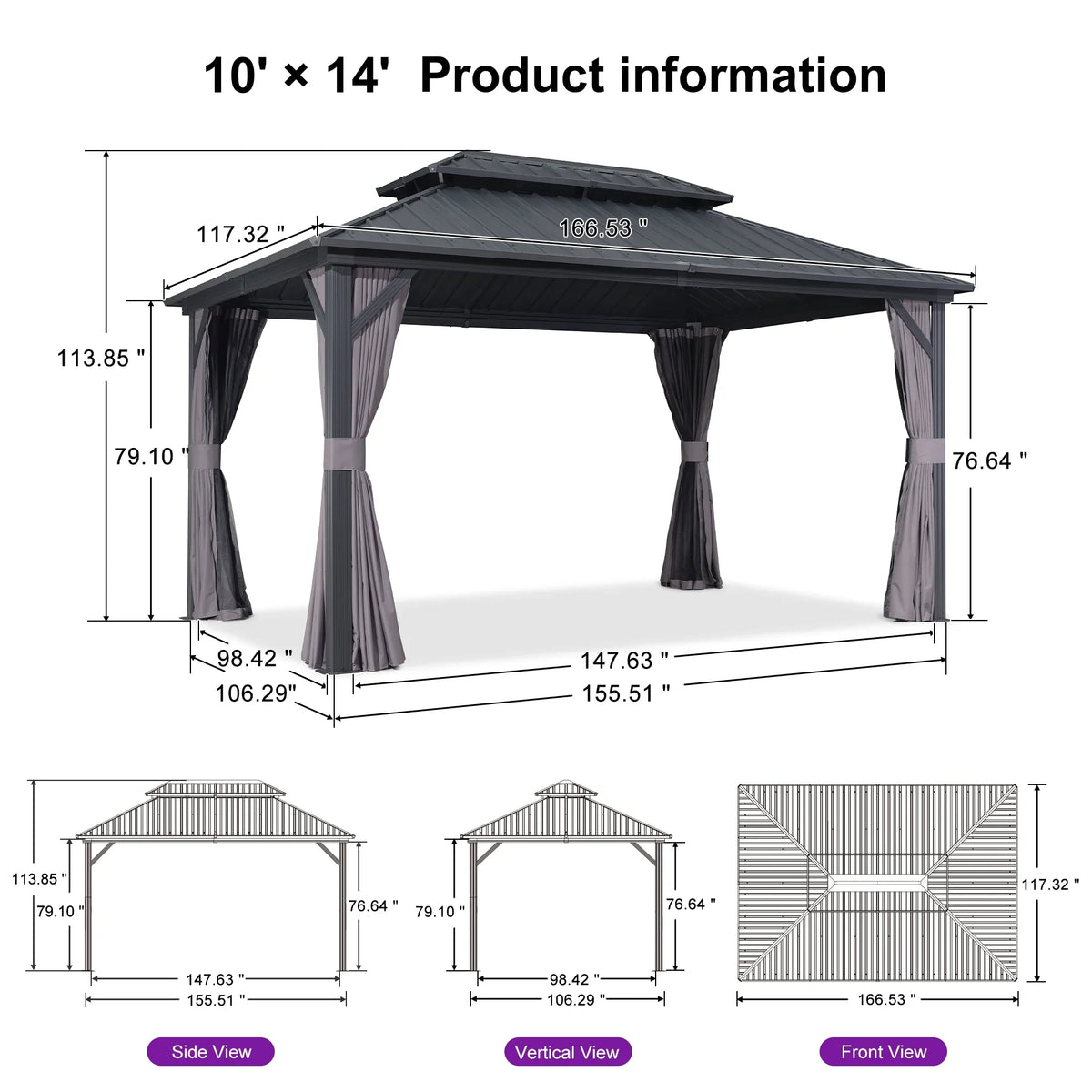 PURPLE LEAF 8' X 8' Gazebo Outdoor Gazebo Permanent Hardtop Gazebo with Galvanized Steel Double Roof for Patio Backyard Deck Aluminum Gazebo with Netting and Curtains Grey