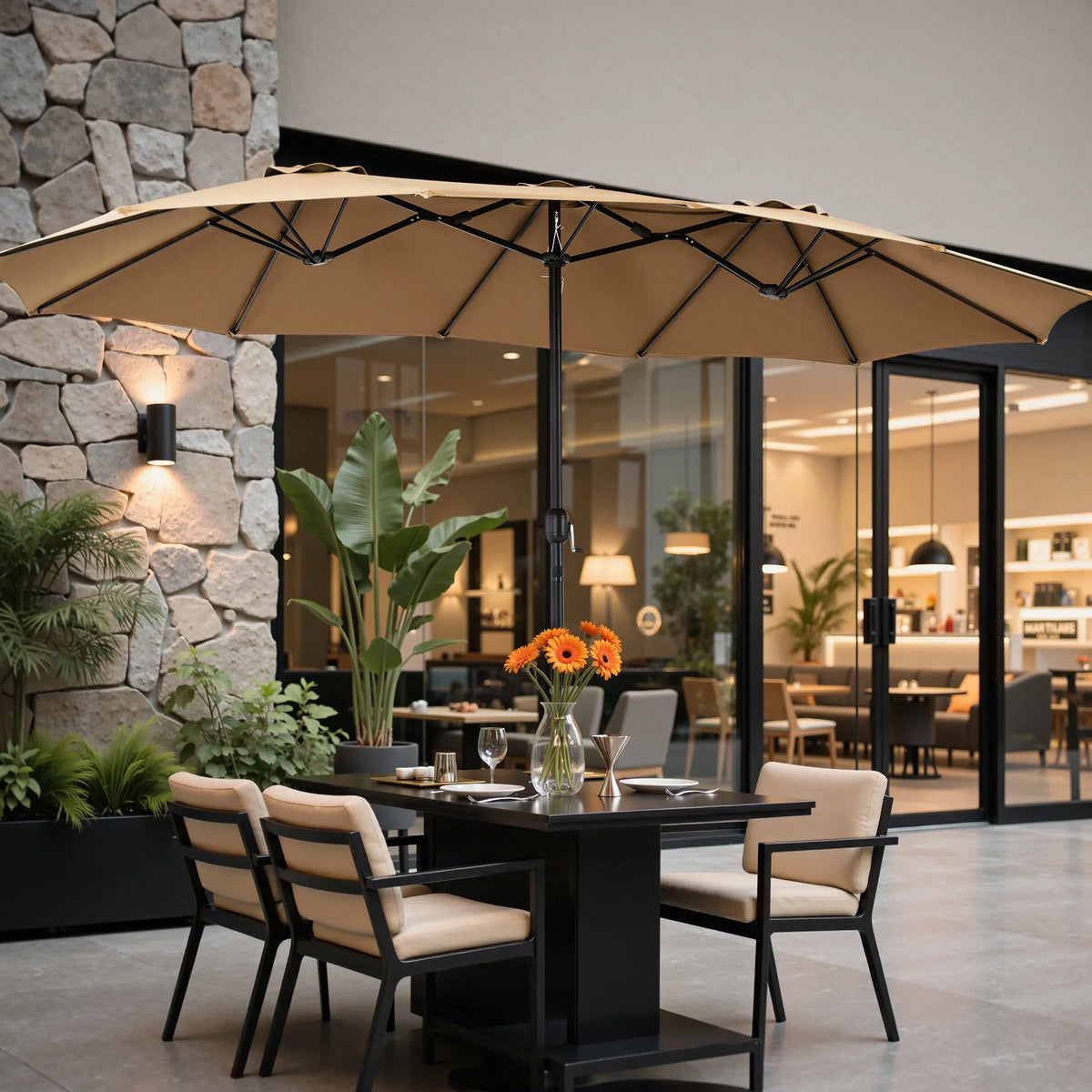 edx 15ft Patio Umbrellas (Base Included), Large Outdoor Double-Sided Rectangle Market Umbrella with Stand for Poolside, Lawn, and Backyard, Navy Blue