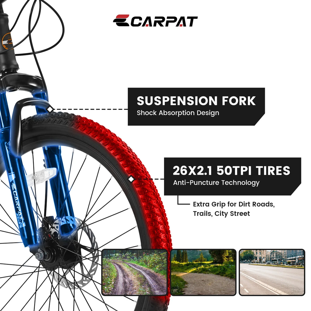 Ambifirner 26" Mountain Bike for Adults & Teens - Shimano 21-Speed Gears, All-Terrain Mechanical Disc Brakes, High-Carbon Steel Suspension Frame MTB Bicycle, 85% Pre-Assembled, Blue