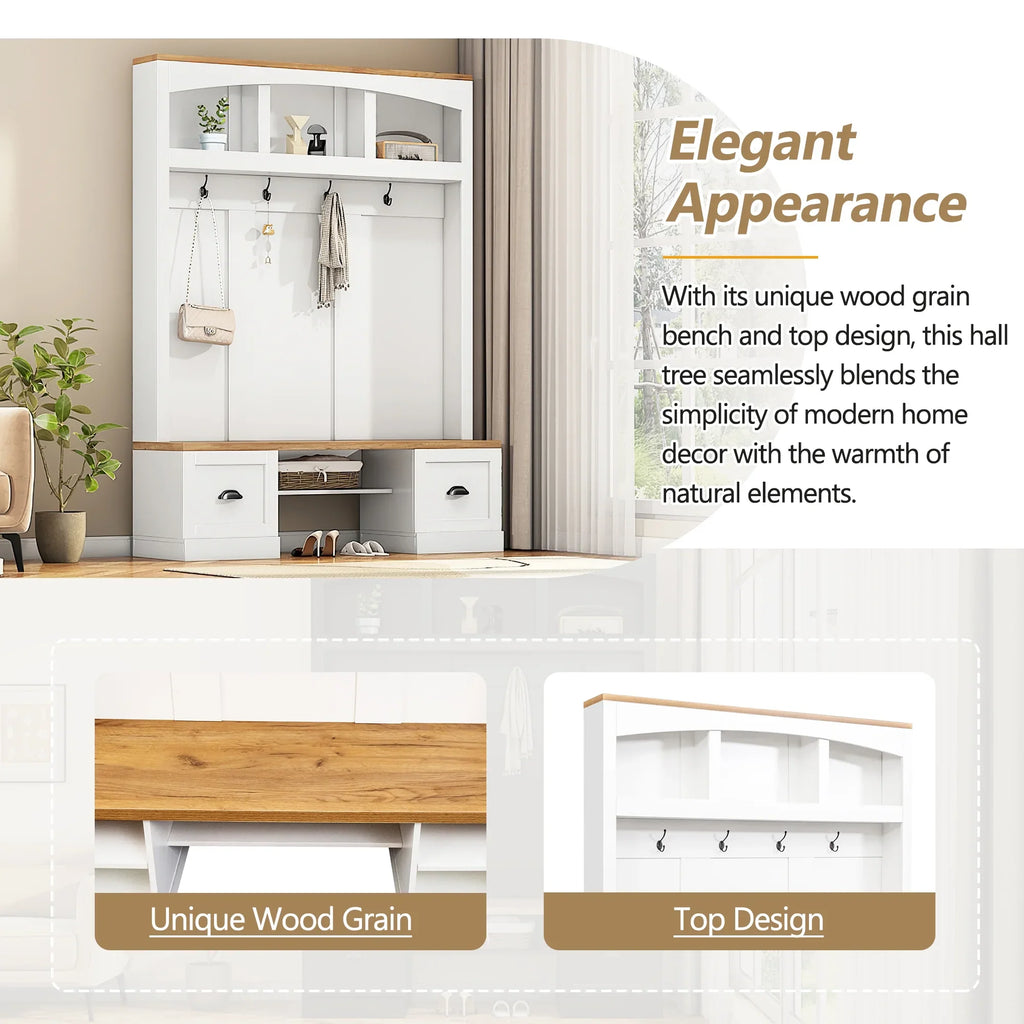 Harper & Bright Designs Farmhouse Hall Tree with Bench and Shoe Storage, Mudroom Bench with Coat Rack and Adjustable Shelves for Hallway, Living Room, White