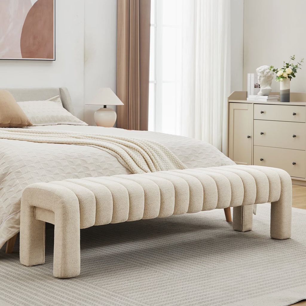 Zesthouse 63" End of Bed Bench, Linen Tufted Upholstered Ottoman Bench with Padded Seat and Solid Wood Leg, Modern Entryway Bench for Bedroom, Living Room, Beige
