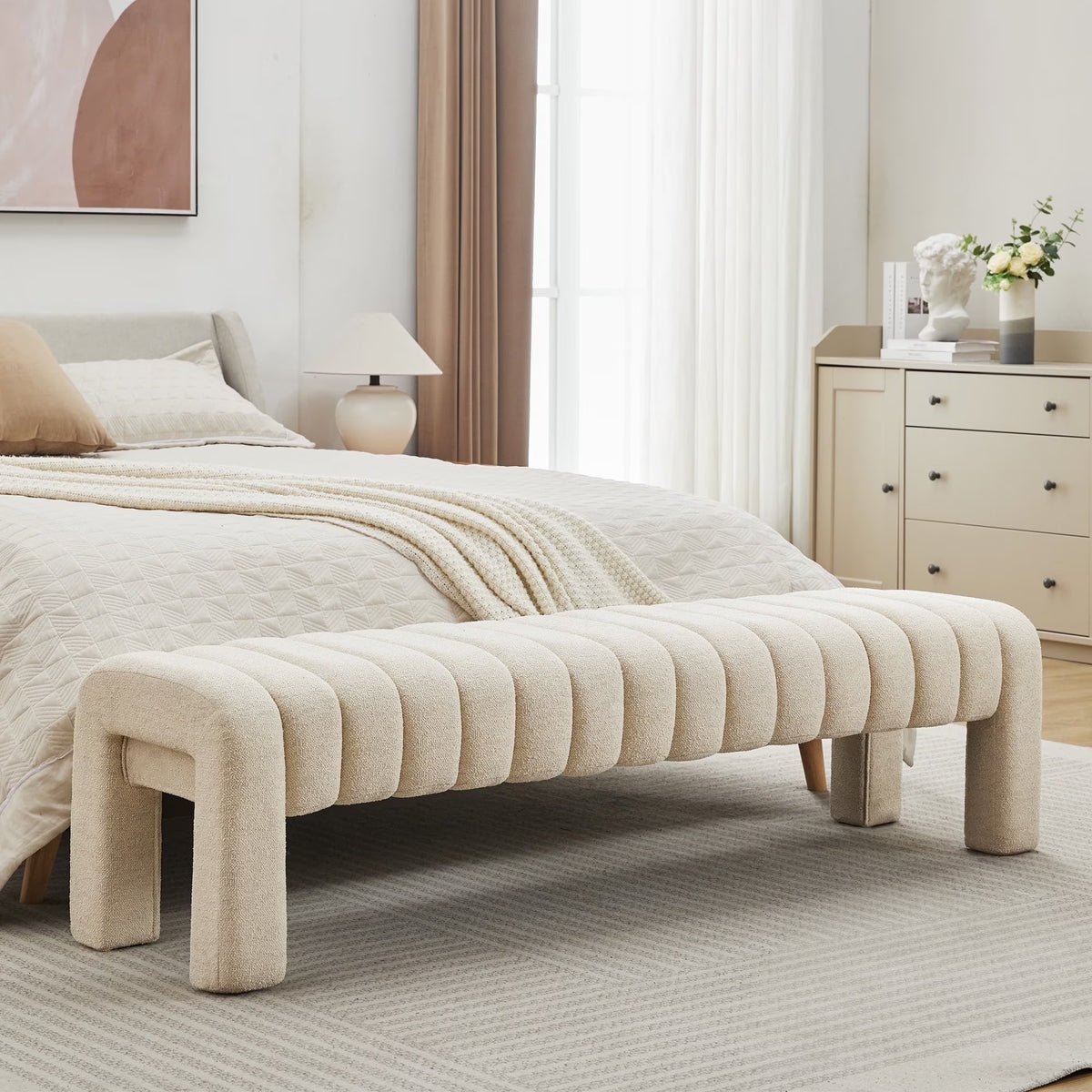 Zesthouse 63" End of Bed Bench, Linen Tufted Upholstered Ottoman Bench with Padded Seat and Solid Wood Leg, Modern Entryway Bench for Bedroom, Living Room, Beige